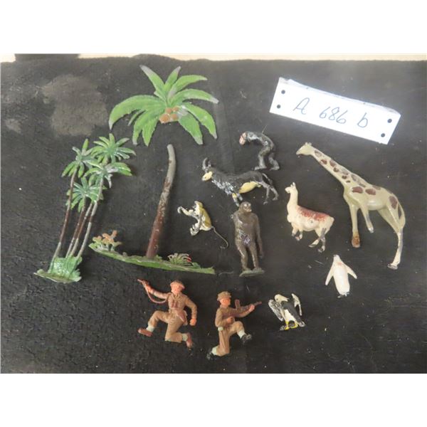 Twelve Pieces Painted Metal Animals, Palm Trees, and Army Men, Some With Damage