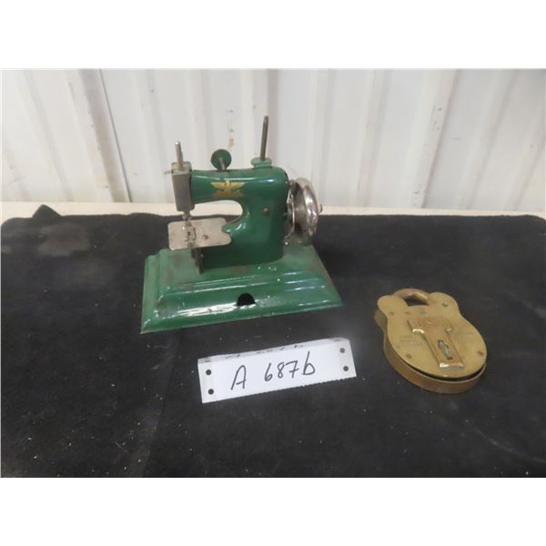 Vintage Casige Toy Sewing Machine With USN Navy Solid Brass Padlock by Morgan and Sons of Boston