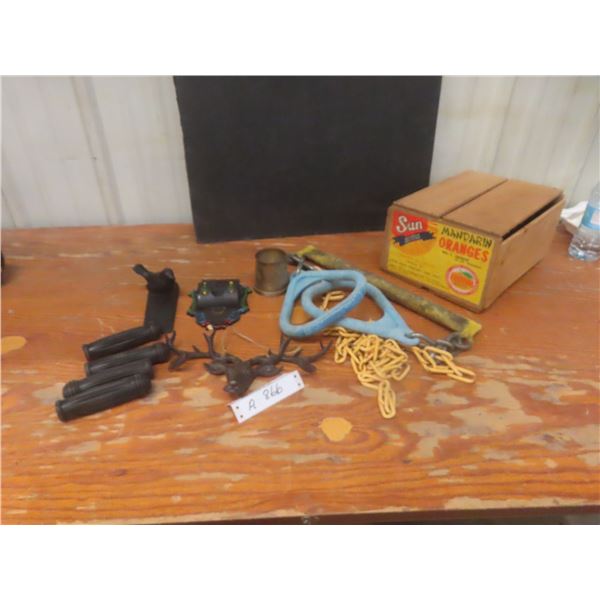 Trapeze Bar, Cast Iron Bird Door Stop, Wall Art, Silver-Plated Cup, Mandarin Orange Crate