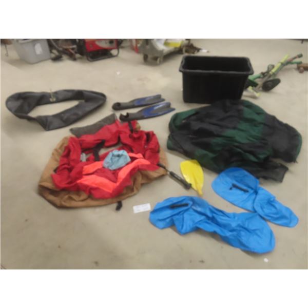 Two Floatation Devices With Inner Tubes, Pair of Swim Flippers and a Tote (No Lid) 