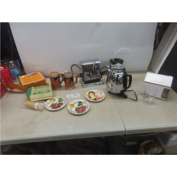 Vintage Chrome Toaster, Electric Percolator, Cake Decorator, Four Winnipeg Goldeyes Glasses