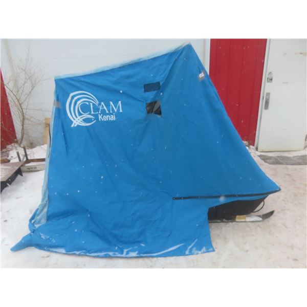 One Man Ice Fishing Shack on Skis with Snowmobile Hitch 