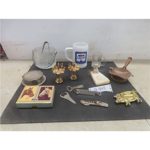 Crystal Ice Bucket With Tongs, Two Vintage Toledo Sword Cocktail Pick Sets, Brass Ashtray