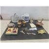 Image 1 : Crystal Ice Bucket With Tongs, Two Vintage Toledo Sword Cocktail Pick Sets, Brass Ashtray