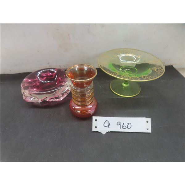 1920's Uranium Glass Candy Dish, Bird Vase Featuring Gold Trim and a Cranberry-Style Bowl