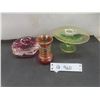 Image 1 : 1920's Uranium Glass Candy Dish, Bird Vase Featuring Gold Trim and a Cranberry-Style Bowl