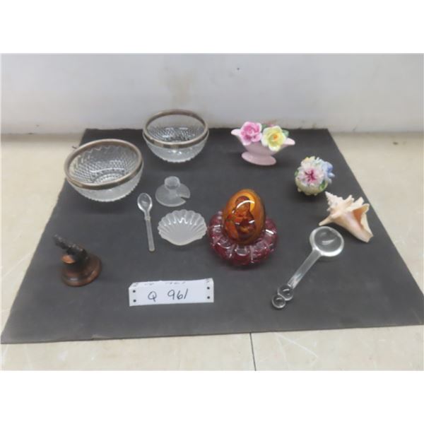 Two Crystal Glass Bowls, Bone China Flower Bouquets, Hand-Painted Wooden Egg and More 