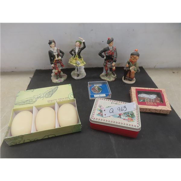 Three Scottish China Figurines Measuring 7" Tall, Scottish Brooch