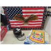Image 1 : American Flag Tapestry With Bald Eagle 34" x 51" , Vintage BC Centenary Fabric and Helmet Size Mediu