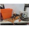 Image 1 : Electric Remington Chain Saw, Work Gloves, Tiger Torch, Compressor Hose, Funnels, Tin Tape