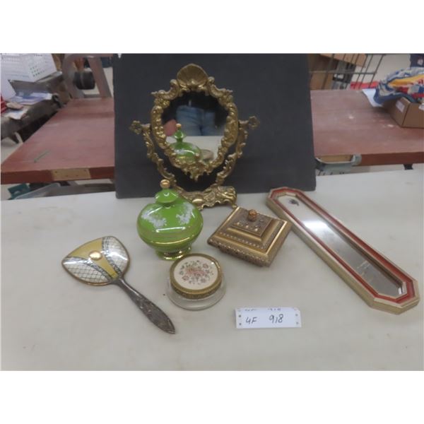 Vintage Brass Vanity Mirror, Hand Mirror And Trinket Cases
