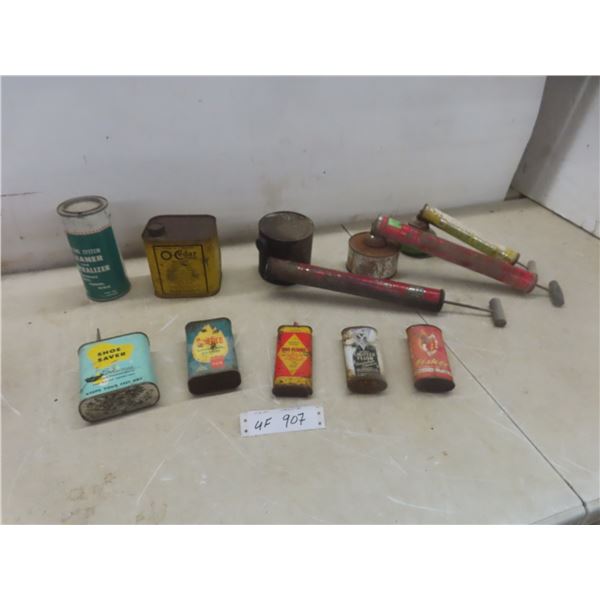 Vintage Bug Sprayers Including One With Glass Base, Lighter Fluid Tins