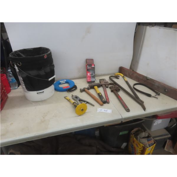 Assorted Tools Including Wrecking Bars, Pipe Wrenches, Stanley Wood Level, Tool Pouch, 