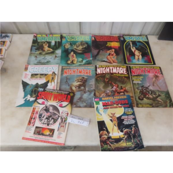 Ten Vintage Magazines and Comics: Vampirella, Creepy, Nightmare, Spirit World, and Man-God