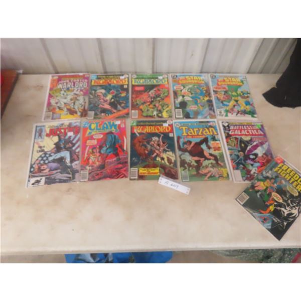 Eleven Comics: Warlord, Star Squadron, Tarzan, and Justice League, Priced 30¢ to 75¢