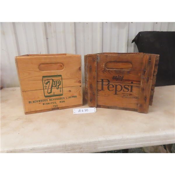 Two Wood Crates: Pepsi (10" x 12" x 19") and 7UP (10" x 11" x 16 1/2")