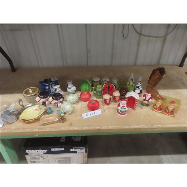 Collection of Salt and Pepper Shakers, Gene Chevenger Decorative Book, and More