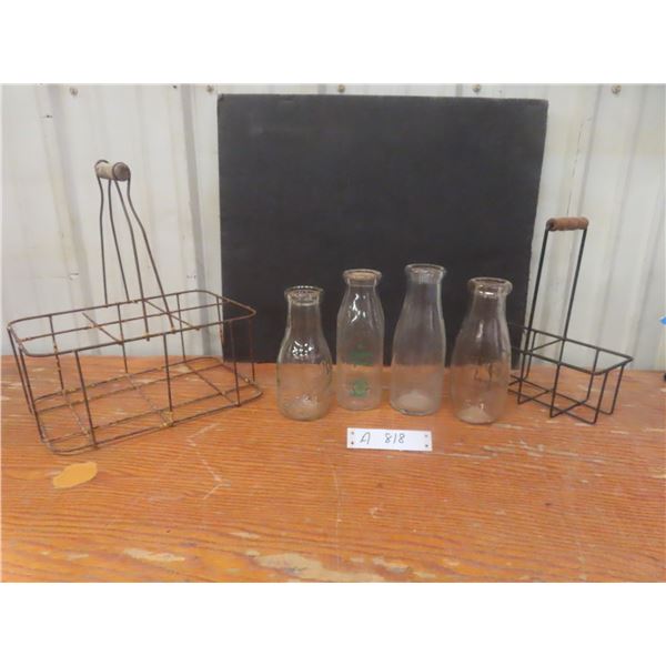 Two Vintage Wire Milk Bottle Carriers and Four Creamer Bottles