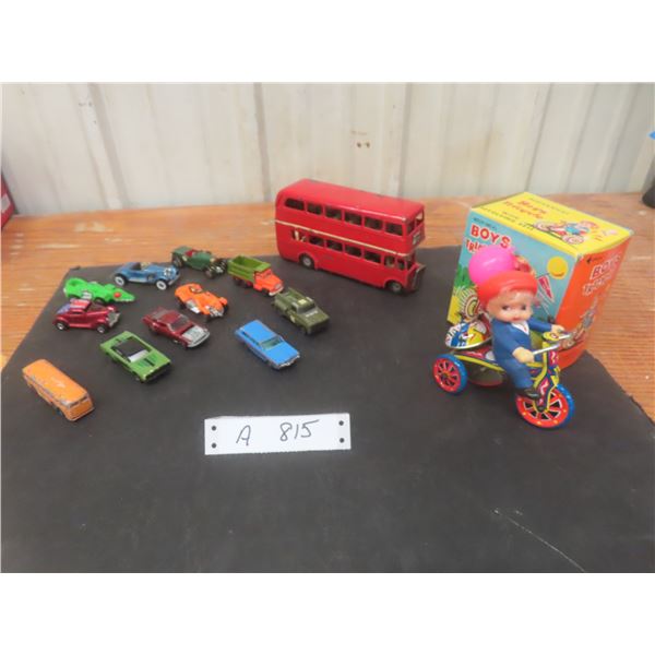 Mechanical Boys Tricycle With Original Box 1/64 Scale Die-Cast Trike and Metal Double-Decker Bus