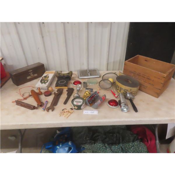 Assorted Tools: Pipe Wrenches, Tow Strap, Ratchet, Ammo Crate & More