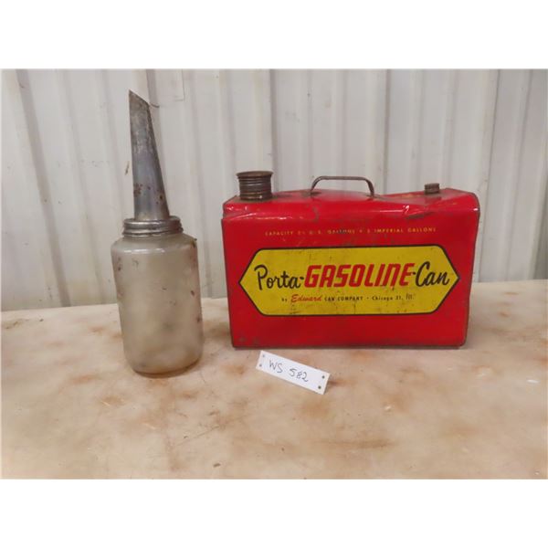 Porta-Gasoline Can and Vintage Oil Bottle with Spout
