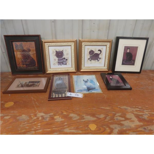 Eight Framed Cat-Themed Pictures, Largest 13 1/2" x 12"