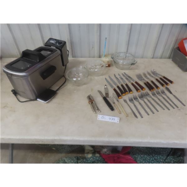 Bravetti Deep Fryer 12-Piece Matching Fork And Steak Knife Set, Anchor And Pyrex Covered Bowls