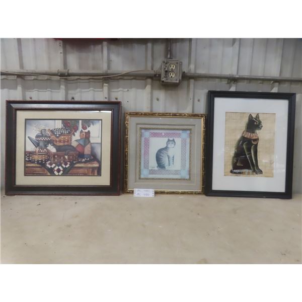 Three Framed Cat Pictures, Largest Measuring 20" x 24"