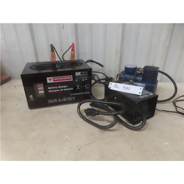 Motomaster Battery Charger (10/2 Amp, 6/12 Volt) Cold Weather Timer And 12V Air Compressor