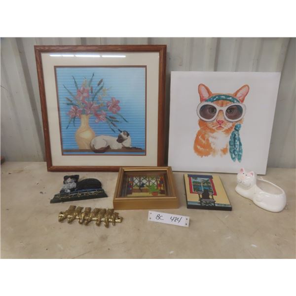 Two Petit Point Cat Pictures, Brass Cat-Themed Key Holder And More