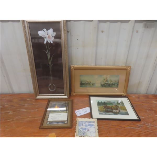 Five Framed Pictures, Largest Measuring 22 1/2" x 10 1/2", Including Foil-Style Artwork