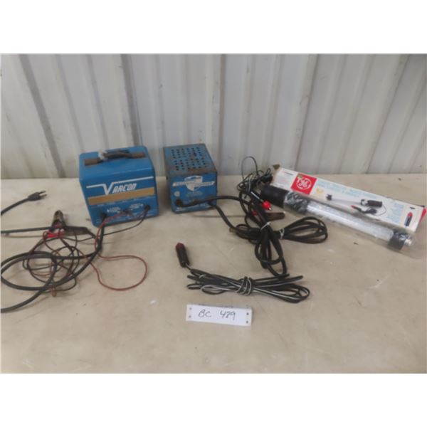 Two Varcon 6/12 Volt Battery Chargers New GE Fluorescent Trouble Light