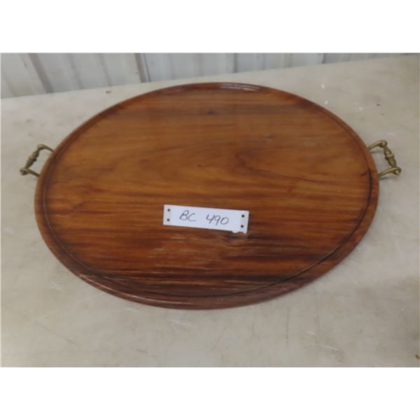 Large Wooden Serving Tray Brass Handles Measuring 20" Diameter