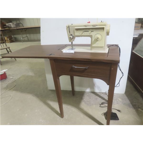 Singer Sewing Machine Mounted In Wooden Cabinet
