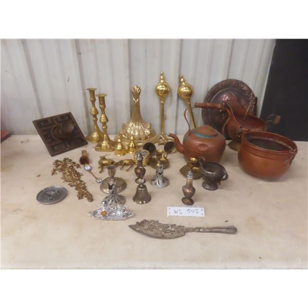Assorted Brass Candlestick Holders, Copper Pots, and More