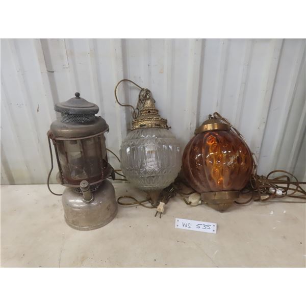 Two Hanging Swag Lamps With Clear And Amber Glass And Vintage Lantern (Glass Broken)