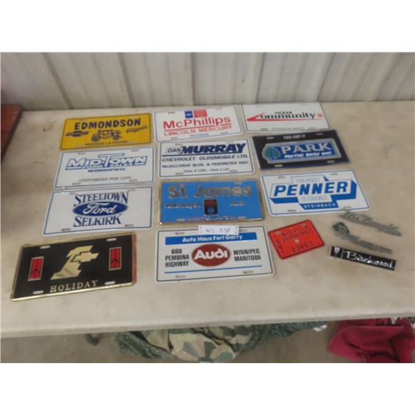 Assorted License Plates and Chrome Auto Emblems