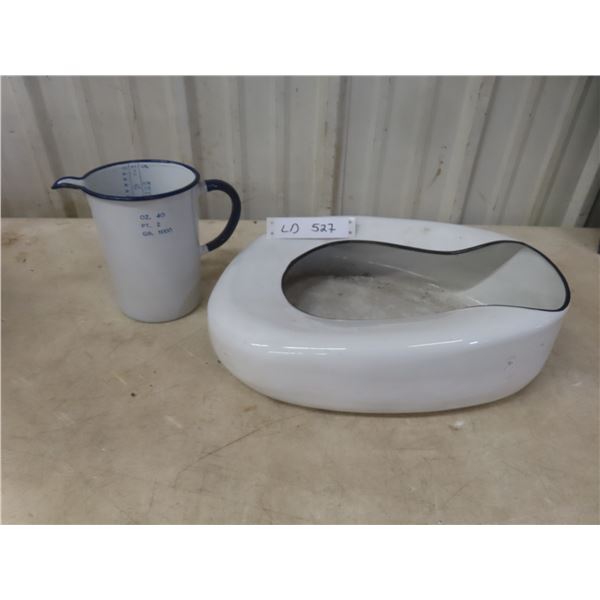 Vintage Porcelain And Enamel Metal Bed Pan And Measuring Pitcher