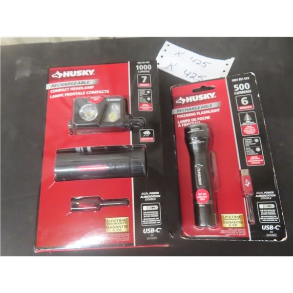 Husky Rechargeable Compact Headlamp and Rechargeable Focusing Flashlight