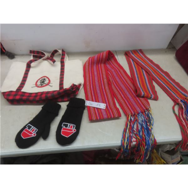 Two Métis First Nations Sashes Canvas Bag and Mitts