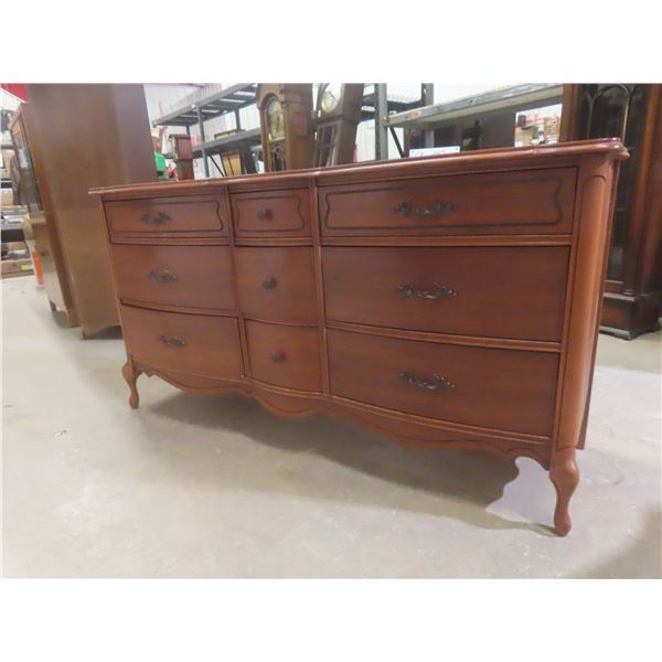 French Provincial Nine-Drawer Dresser Scalloped Edge, Cabriole Legs, and Original Handles