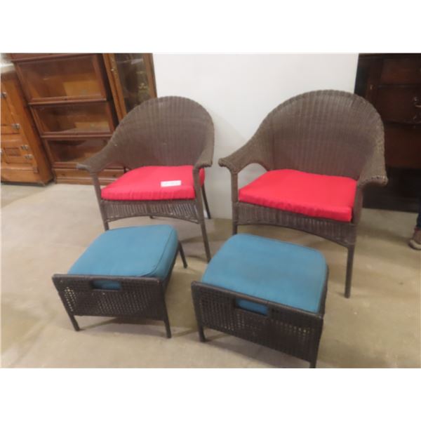 Two Wicker Style Patio Chairs With Stools and Cushions