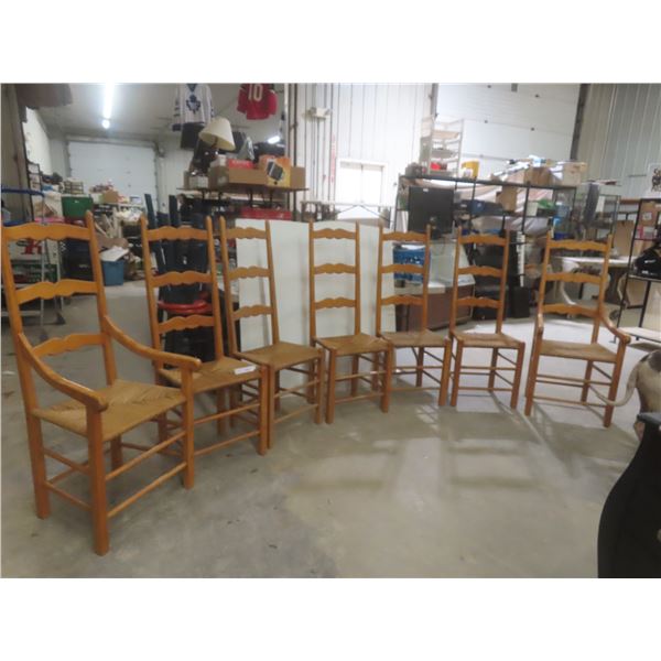 Seven Oak Ladder-Back Dining Chairs Woven Rush Seats, Including Two Captain Chairs