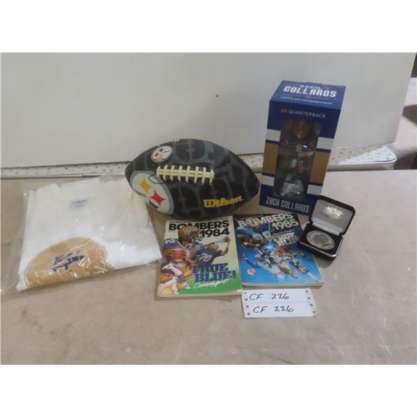 Winnipeg Blue Bombers Memorabilia Including Zach Collaros Bobblehead, Size XL T-Shirt, 2006