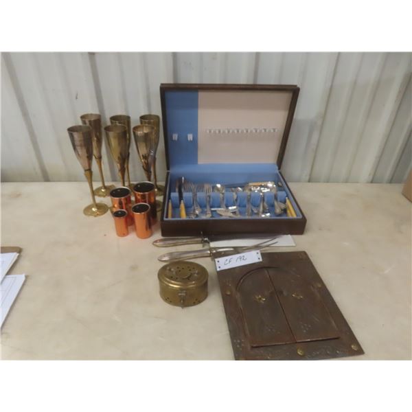 51 Piece Silverware Set In Case, Six Brass Goblets, Four Copper Measuring Cups,