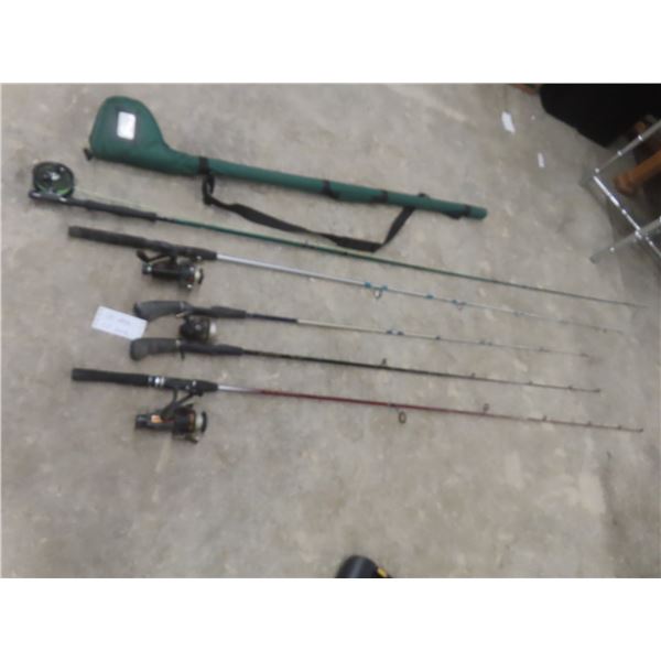 Five Fishing Rods, Four Reels, One Case, Including Fly Fishing Rod