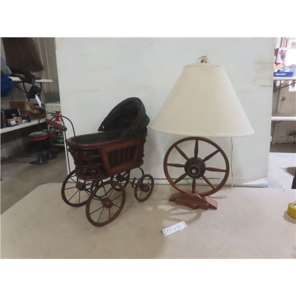 Wood Wagon Wheel Style Table Lamp, 26" High, and Replica Victorian-Style Wicker and Wood Doll