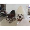 Image 1 : Wood Wagon Wheel Style Table Lamp, 26" High, and Replica Victorian-Style Wicker and Wood Doll