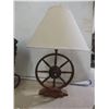 Image 2 : Wood Wagon Wheel Style Table Lamp, 26" High, and Replica Victorian-Style Wicker and Wood Doll