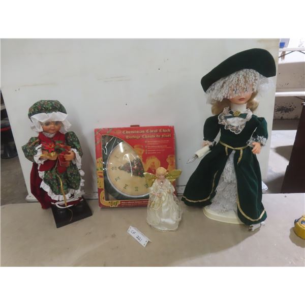 Christmas Decor: Carol Clock, Tree Top Angel, and Two Animated Dolls New or Store Return